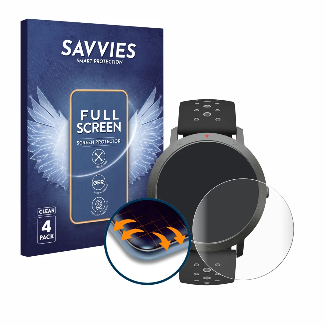 Vorderseite einer Produktverpackung mit dem Markenlogo Savvies. Daneben ist das Gerät Withings Steel HR Sport (40 mm) mit dem
