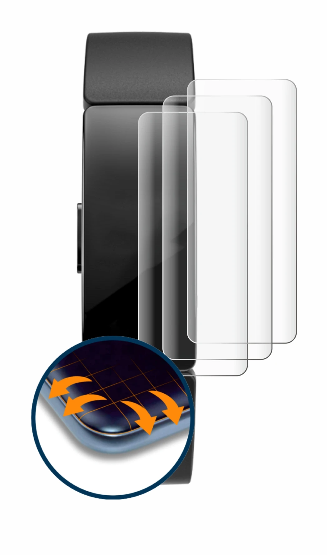 Abbildung des Geräts Fitbit Inspire HR mit einer Vielzahl des Displayschutzes.