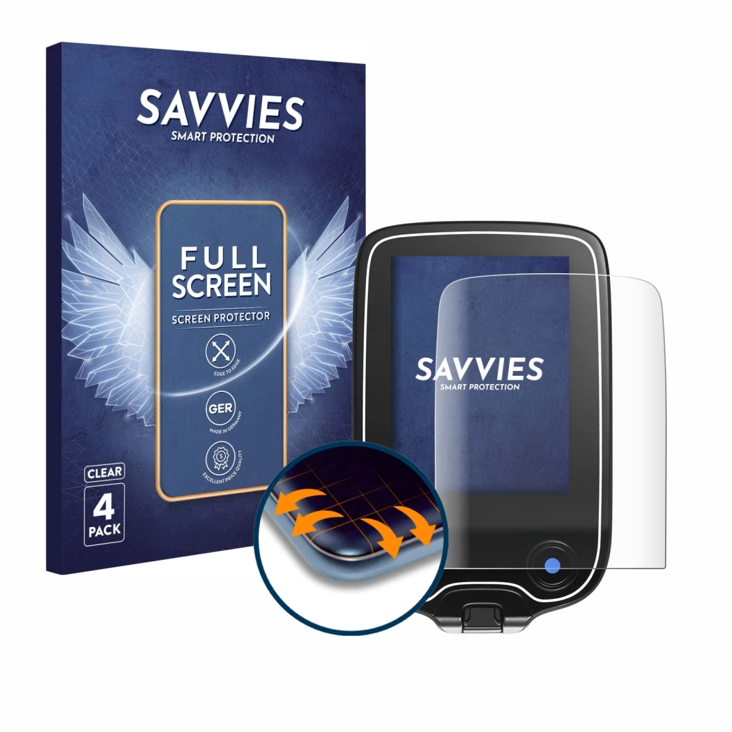 Vorderseite einer Produktverpackung mit dem Markenlogo Savvies. Daneben ist das Gerät Freestyle Libre 2 mit dem zugehörigen Di