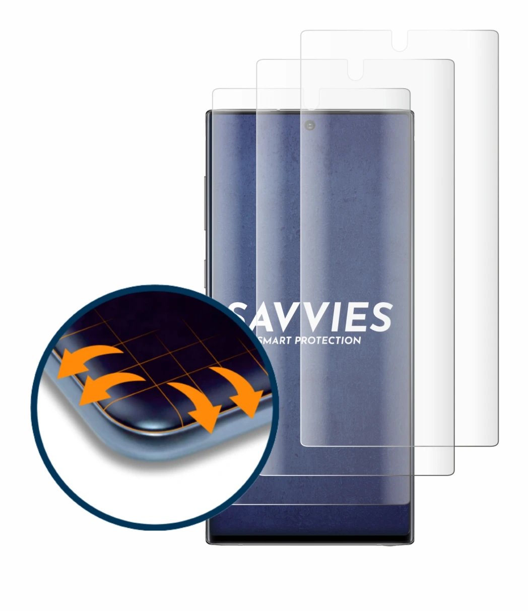 Abbildung des Geräts Samsung Galaxy Note 10 mit einer Vielzahl des Displayschutzes.