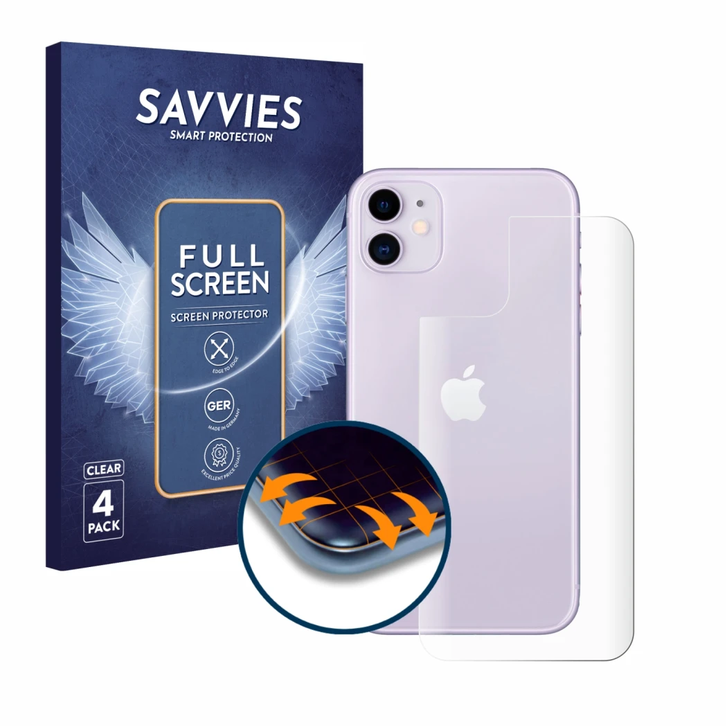 Vorderseite einer Produktverpackung mit dem Markenlogo Savvies. Daneben ist das Gerät Apple iPhone 11 (Rückseite) mit dem zuge
