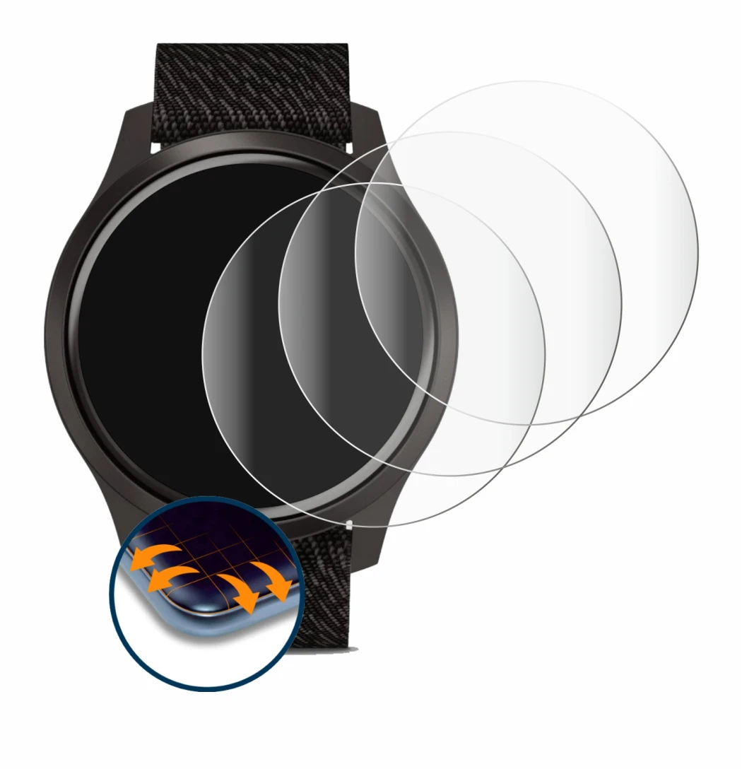 Abbildung des Geräts Garmin vivomove Style (42 mm) mit einer Vielzahl des Displayschutzes.