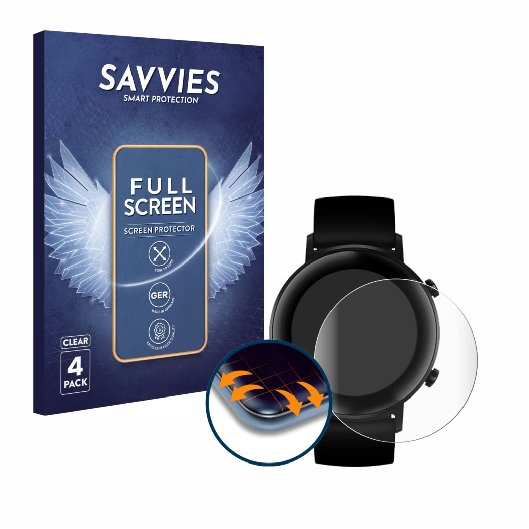 Vorderseite einer Produktverpackung mit dem Markenlogo Savvies. Daneben ist das Gerät Huawei Watch GT 2 (42 mm) mit dem zugehö