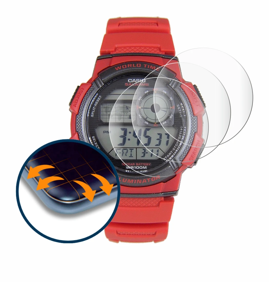 Abbildung des Geräts Casio AE-1000W mit einer Vielzahl des Displayschutzes.