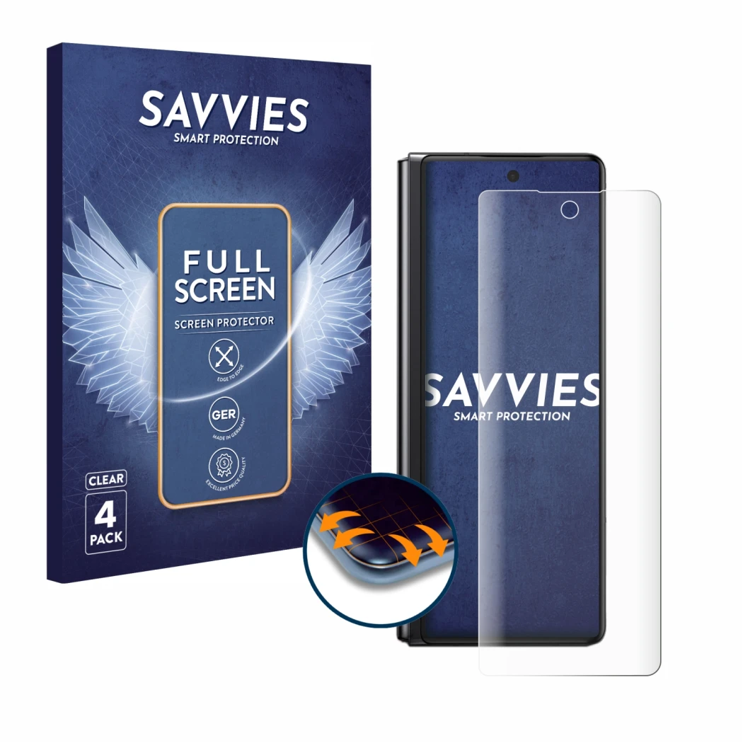Vorderseite einer Produktverpackung mit dem Markenlogo Savvies. Daneben ist das Gerät Samsung Galaxy Z Fold 2 5G mit dem zugeh