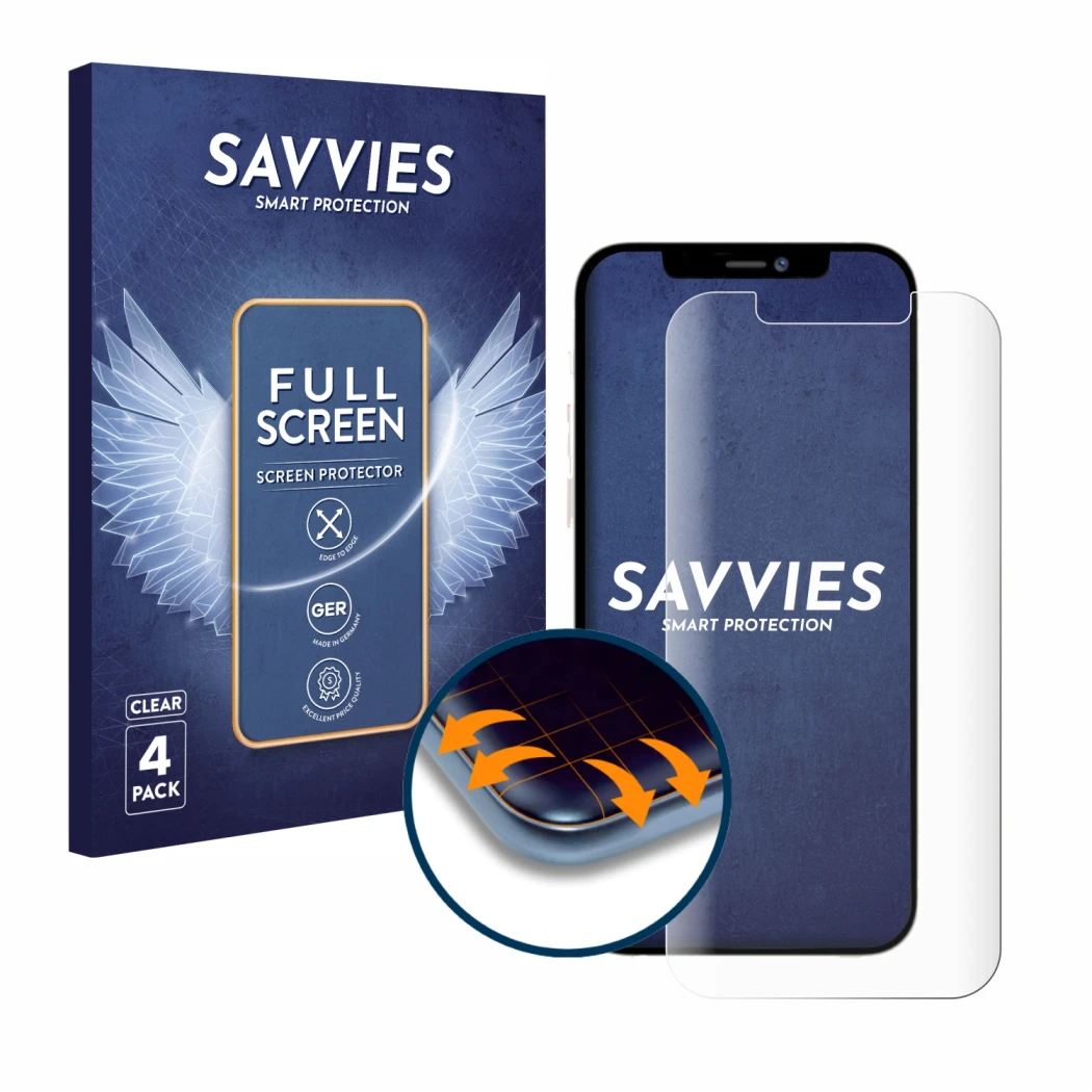 Vorderseite einer Produktverpackung mit dem Markenlogo Savvies. Daneben ist das Gerät Apple iPhone 12 Pro Max mit dem zugehöri