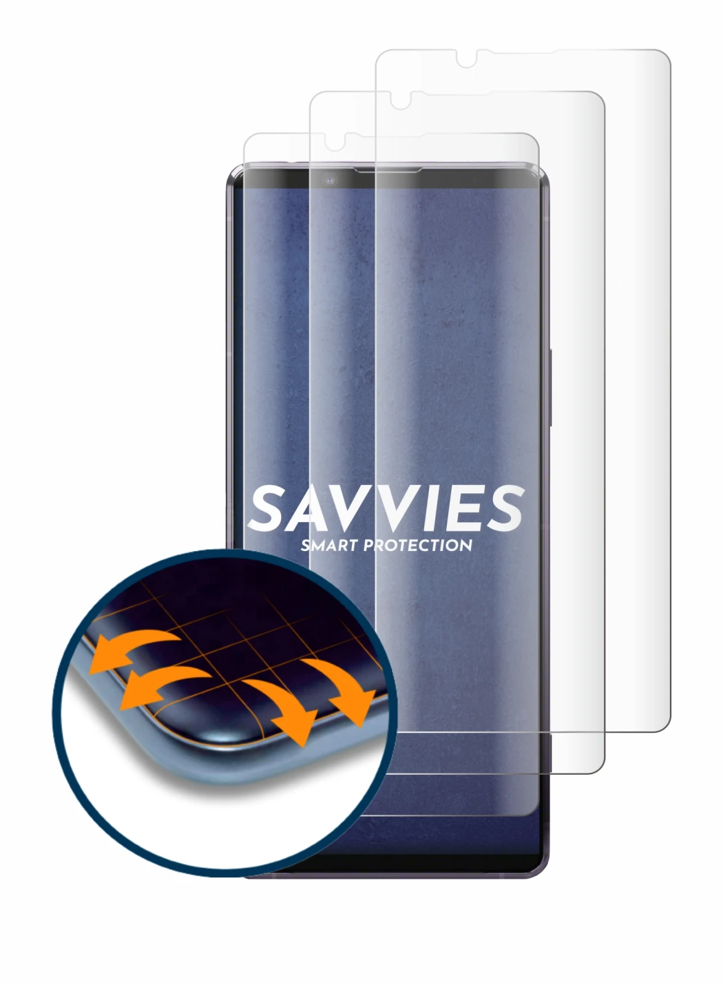 Abbildung des Geräts Sony Xperia 1 II mit einer Vielzahl des Displayschutzes.