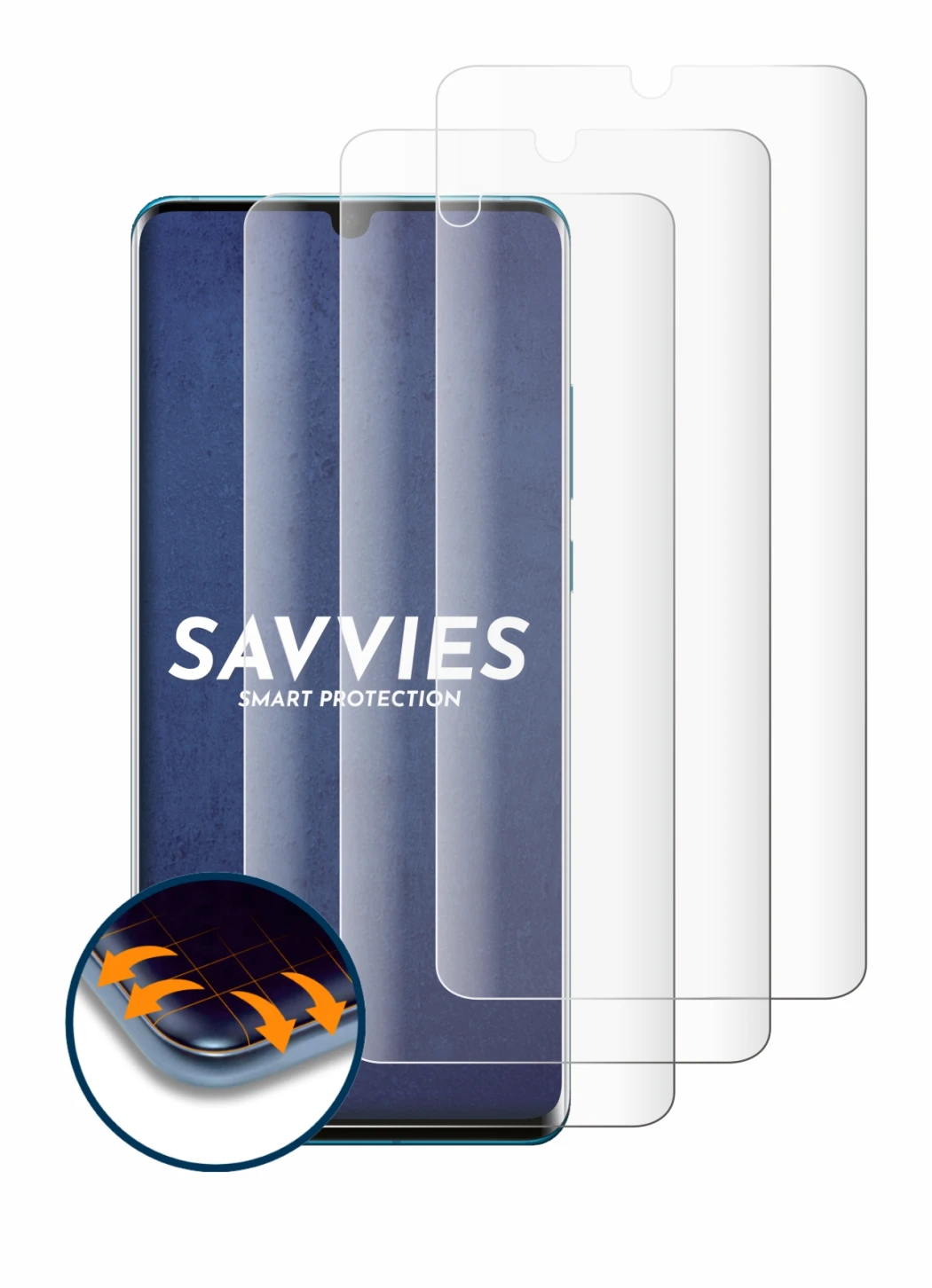 Abbildung des Geräts Huawei P30 Pro New Edition mit einer Vielzahl des Displayschutzes.