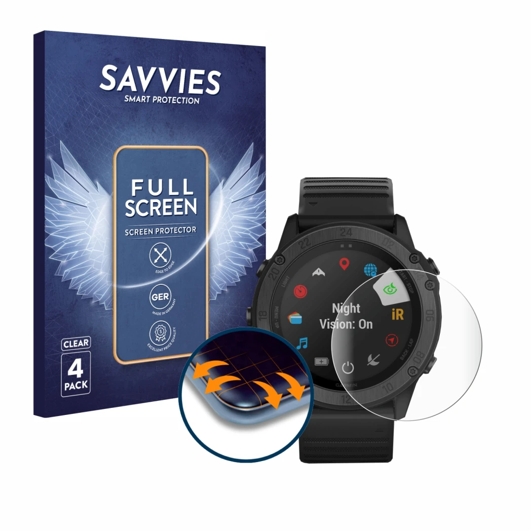 Vorderseite einer Produktverpackung mit dem Markenlogo Savvies. Daneben ist das Gerät Garmin Tactix Delta Solar Ballistic mit