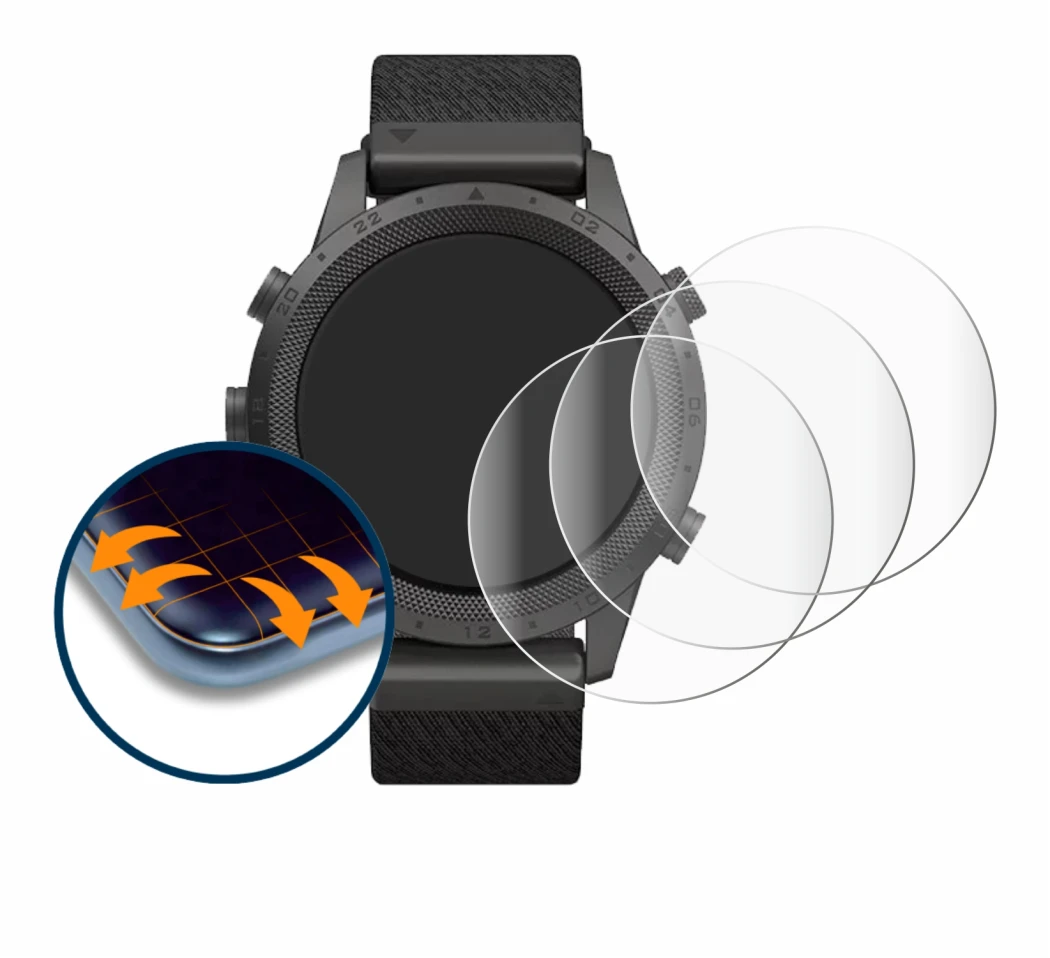 Abbildung des Geräts Garmin Marq Expedition mit einer Vielzahl des Displayschutzes.