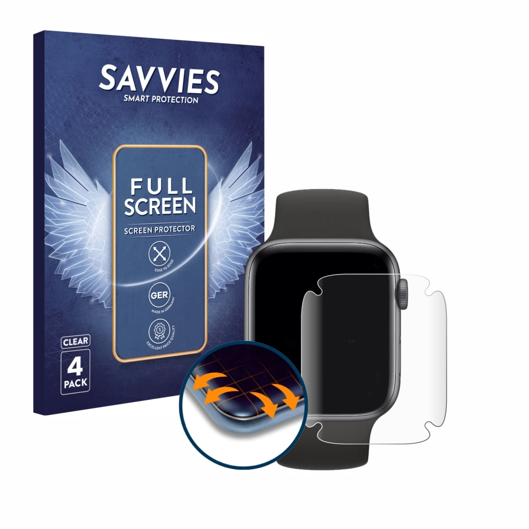 Vorderseite einer Produktverpackung mit dem Markenlogo Savvies. Daneben ist das Gerät Apple Watch SE (40 mm) mit dem zugehörig