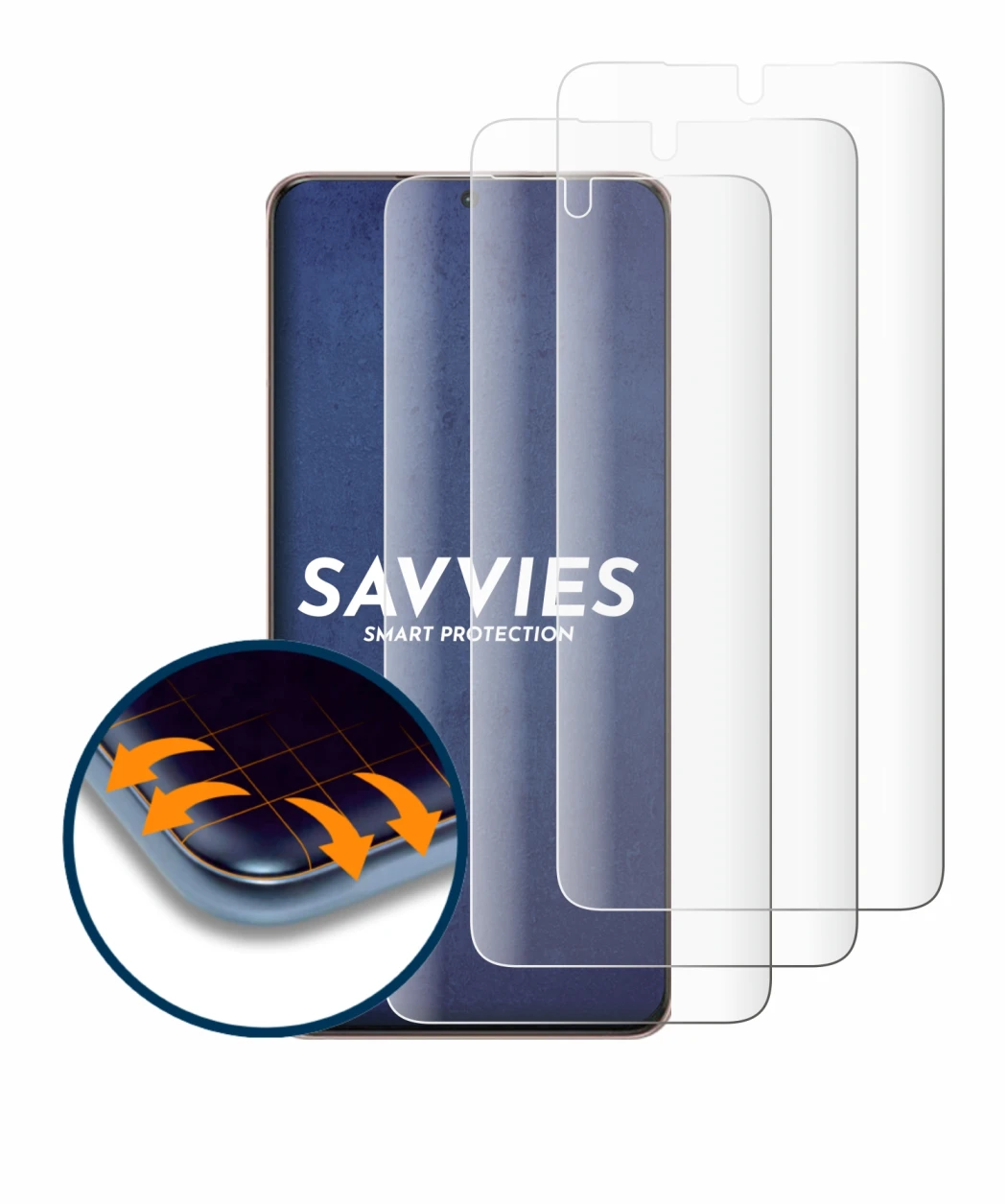 Abbildung des Geräts Samsung Galaxy S21 Ultra 5G mit einer Vielzahl des Displayschutzes.