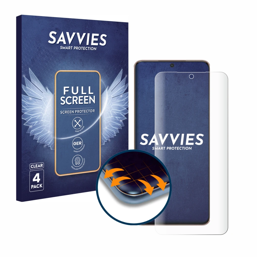 Vorderseite einer Produktverpackung mit dem Markenlogo Savvies. Daneben ist das Gerät Samsung Galaxy S21 Plus 5G mit dem zugeh
