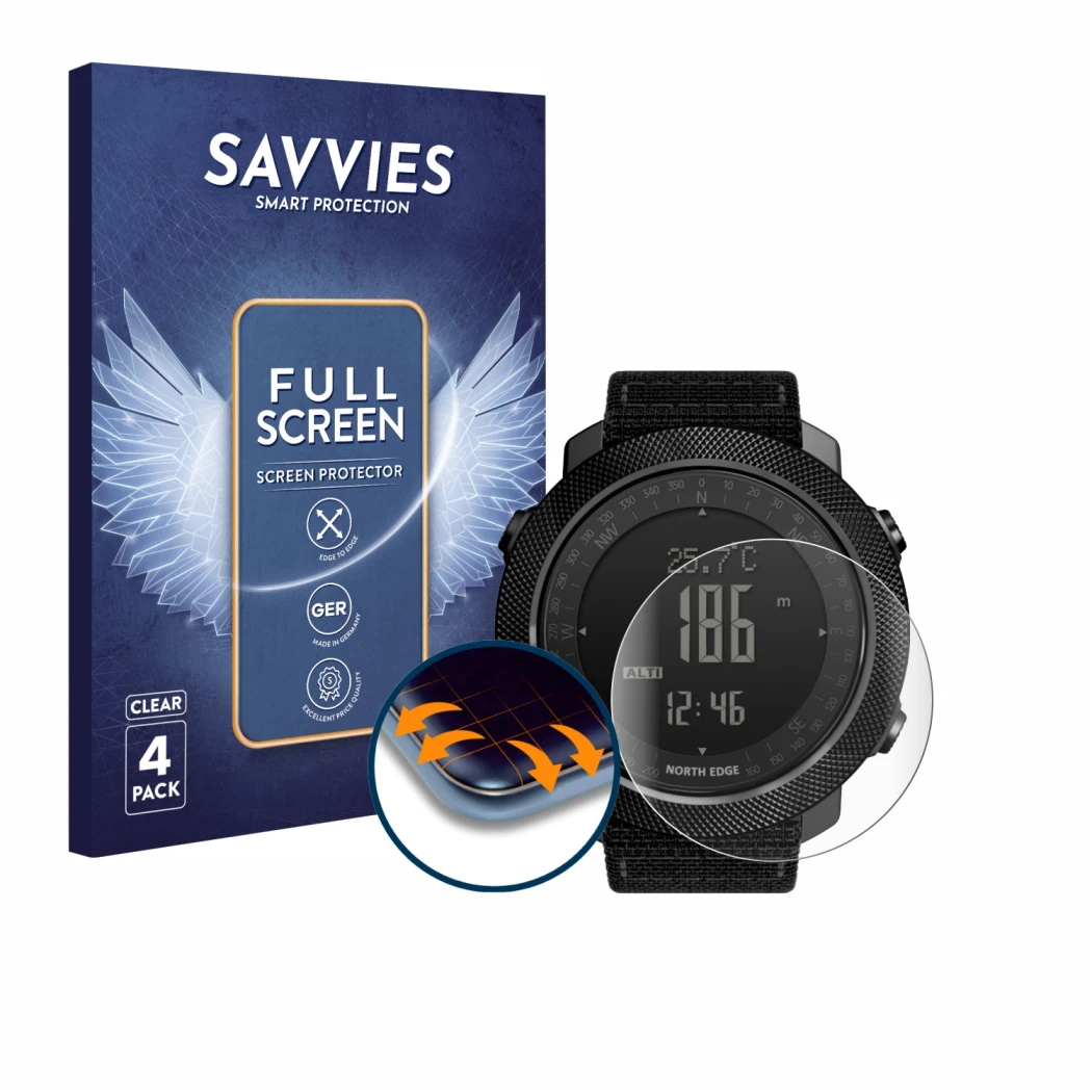Vorderseite einer Produktverpackung mit dem Markenlogo Savvies. Daneben ist das Gerät North Edge Apache mit dem zugehörigen Di