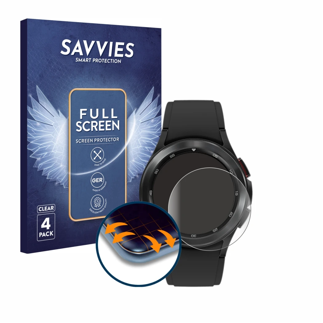 Vorderseite einer Produktverpackung mit dem Markenlogo Savvies. Daneben ist das Gerät Samsung Galaxy Watch 4 Classic (42mm) mi