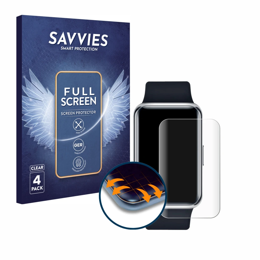 Vorderseite einer Produktverpackung mit dem Markenlogo Savvies. Daneben ist das Gerät Huawei Watch Fit Elegant mit dem zugehör
