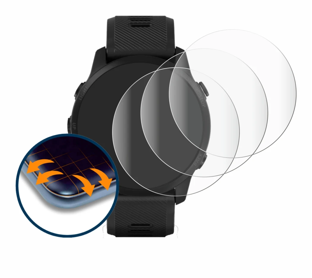 Abbildung des Geräts Garmin Forerunner 945 LTE mit einer Vielzahl des Displayschutzes.