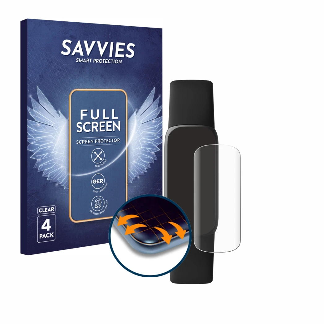 Vorderseite einer Produktverpackung mit dem Markenlogo Savvies. Daneben ist das Gerät Fitbit Luxe mit dem zugehörigen Displays