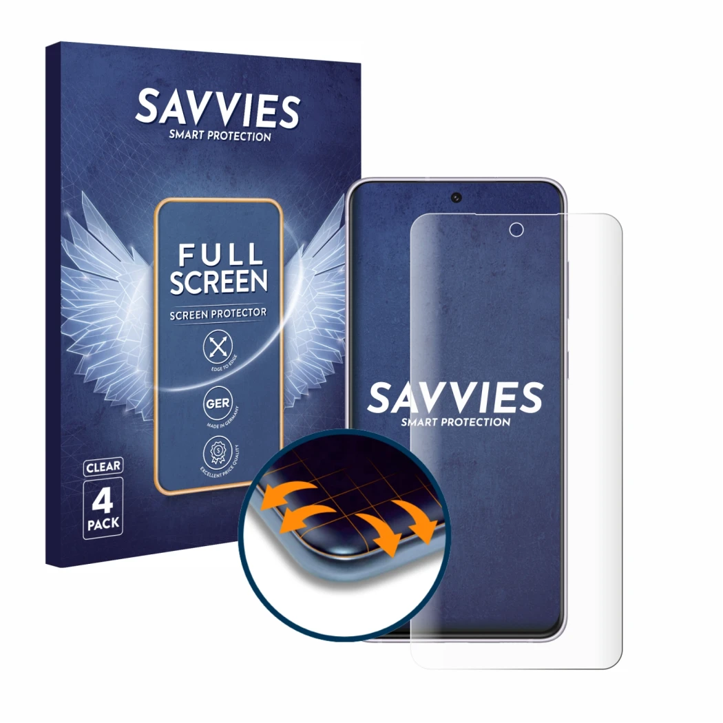 Vorderseite einer Produktverpackung mit dem Markenlogo Savvies. Daneben ist das Gerät Samsung Galaxy S21 FE 5G mit dem zugehör