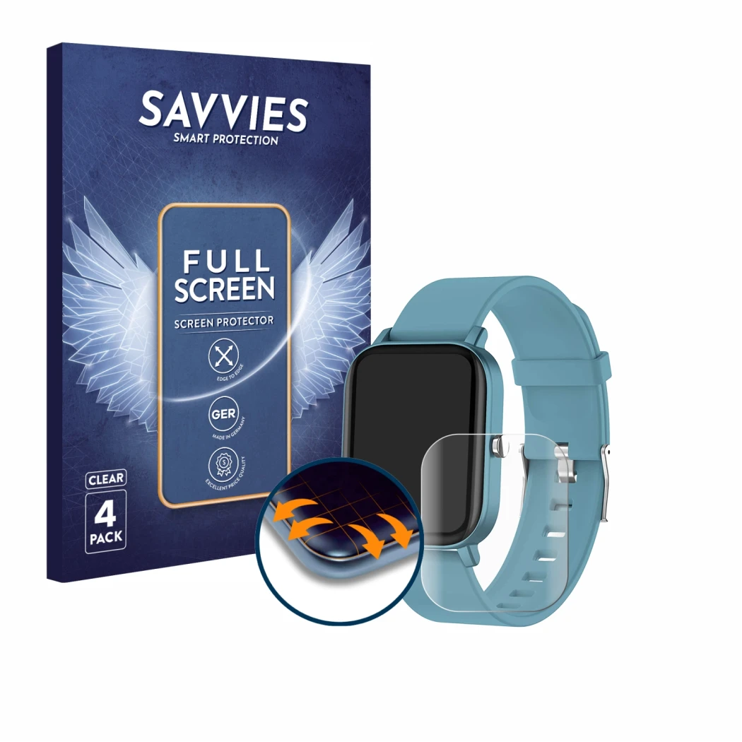 Vorderseite einer Produktverpackung mit dem Markenlogo Savvies. Daneben ist das Gerät Pubu Smartwatch mit dem zugehörigen Disp