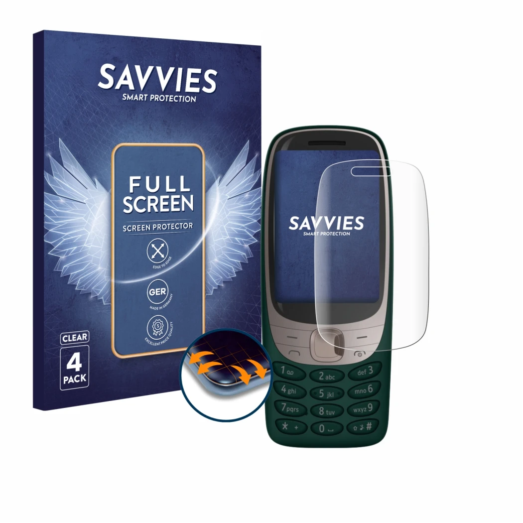 Vorderseite einer Produktverpackung mit dem Markenlogo Savvies. Daneben ist das Gerät Nokia 6310 (2021) mit dem zugehörigen Di