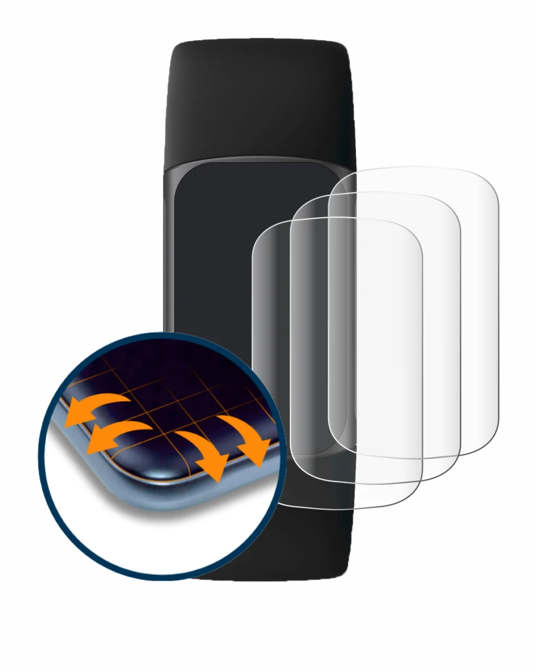 Abbildung des Geräts Fitbit Charge 5 mit einer Vielzahl des Displayschutzes.