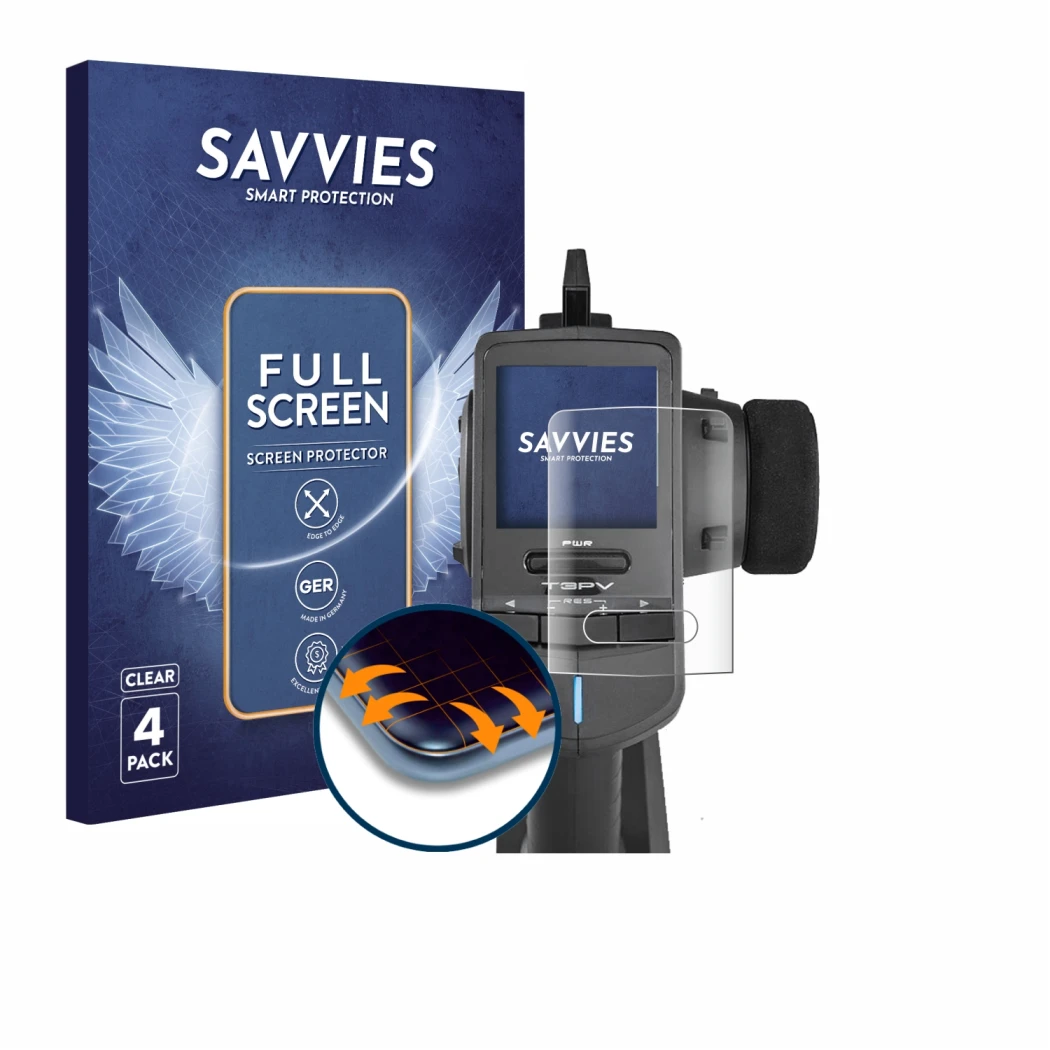 Vorderseite einer Produktverpackung mit dem Markenlogo Savvies. Daneben ist das Gerät Futaba T3PV mit dem zugehörigen Displays