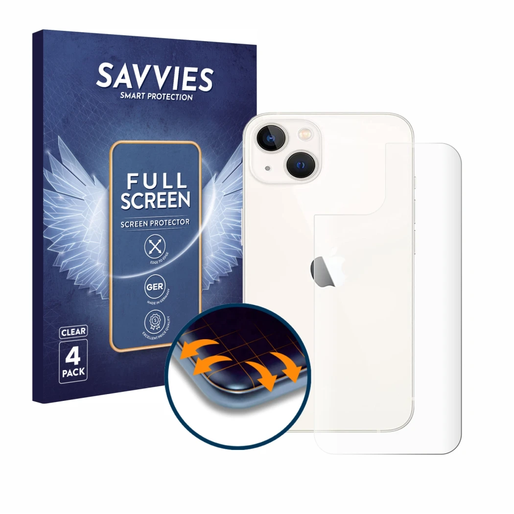Vorderseite einer Produktverpackung mit dem Markenlogo Savvies. Daneben ist das Gerät Apple iPhone 13 (Rückseite) mit dem zuge