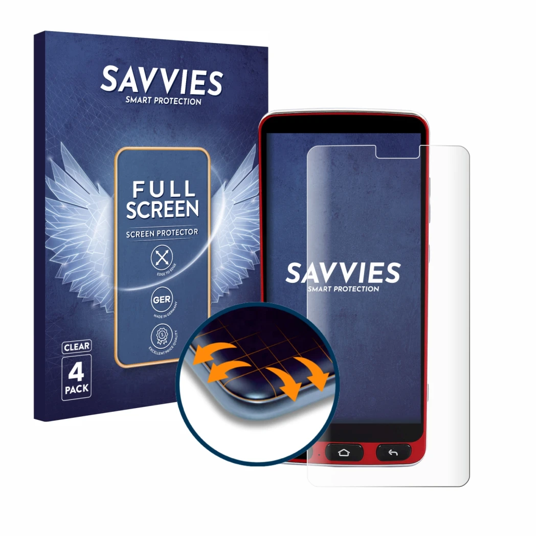 Vorderseite einer Produktverpackung mit dem Markenlogo Savvies. Daneben ist das Gerät Olympia Neo Smartphone mit dem zugehörig