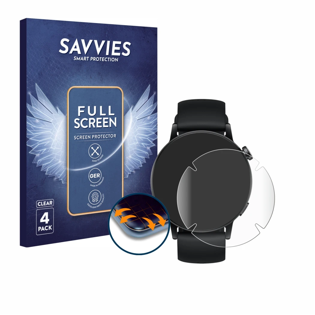 Vorderseite einer Produktverpackung mit dem Markenlogo Savvies. Daneben ist das Gerät Huawei Watch GT 3 (42 mm) mit dem zugehö