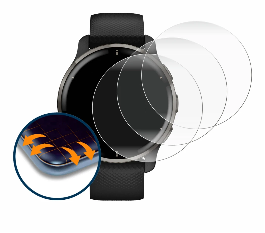 Abbildung des Geräts Garmin Venu 2 Plus mit einer Vielzahl des Displayschutzes.