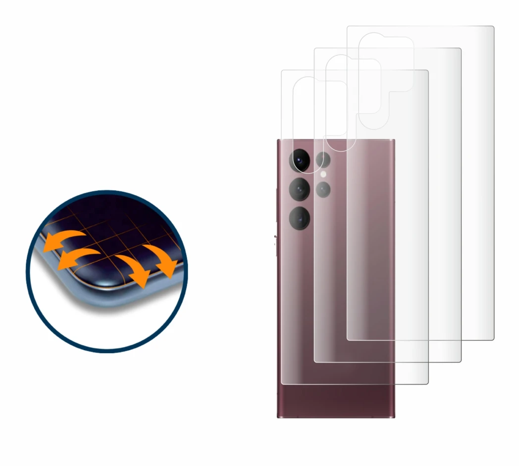 Abbildung des Geräts Samsung Galaxy S22 Ultra 5G (Rückseite) mit einer Vielzahl des Displayschutzes.
