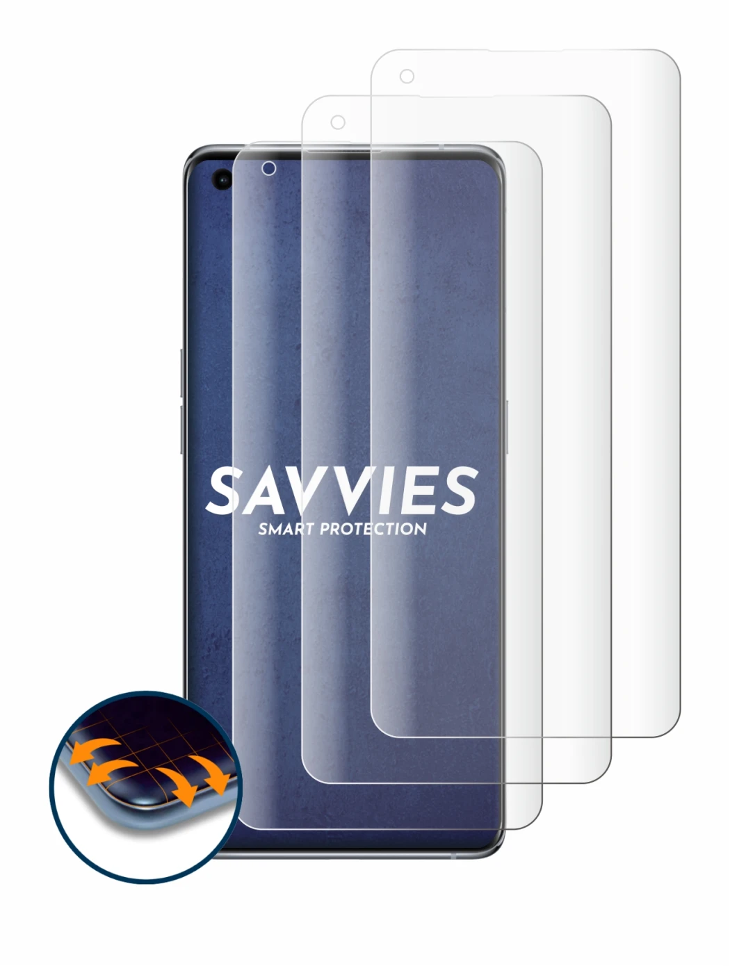 Abbildung des Geräts Oppo Find X5 mit einer Vielzahl des Displayschutzes.