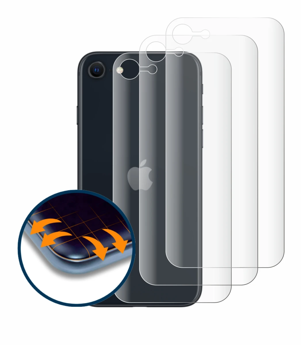 Abbildung des Geräts Apple iPhone SE 3 2022 (Rückseite) mit einer Vielzahl des Displayschutzes.