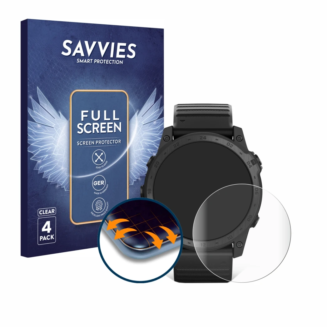 Vorderseite einer Produktverpackung mit dem Markenlogo Savvies. Daneben ist das Gerät Garmin Tactix 7 Pro Ballistics mit dem z