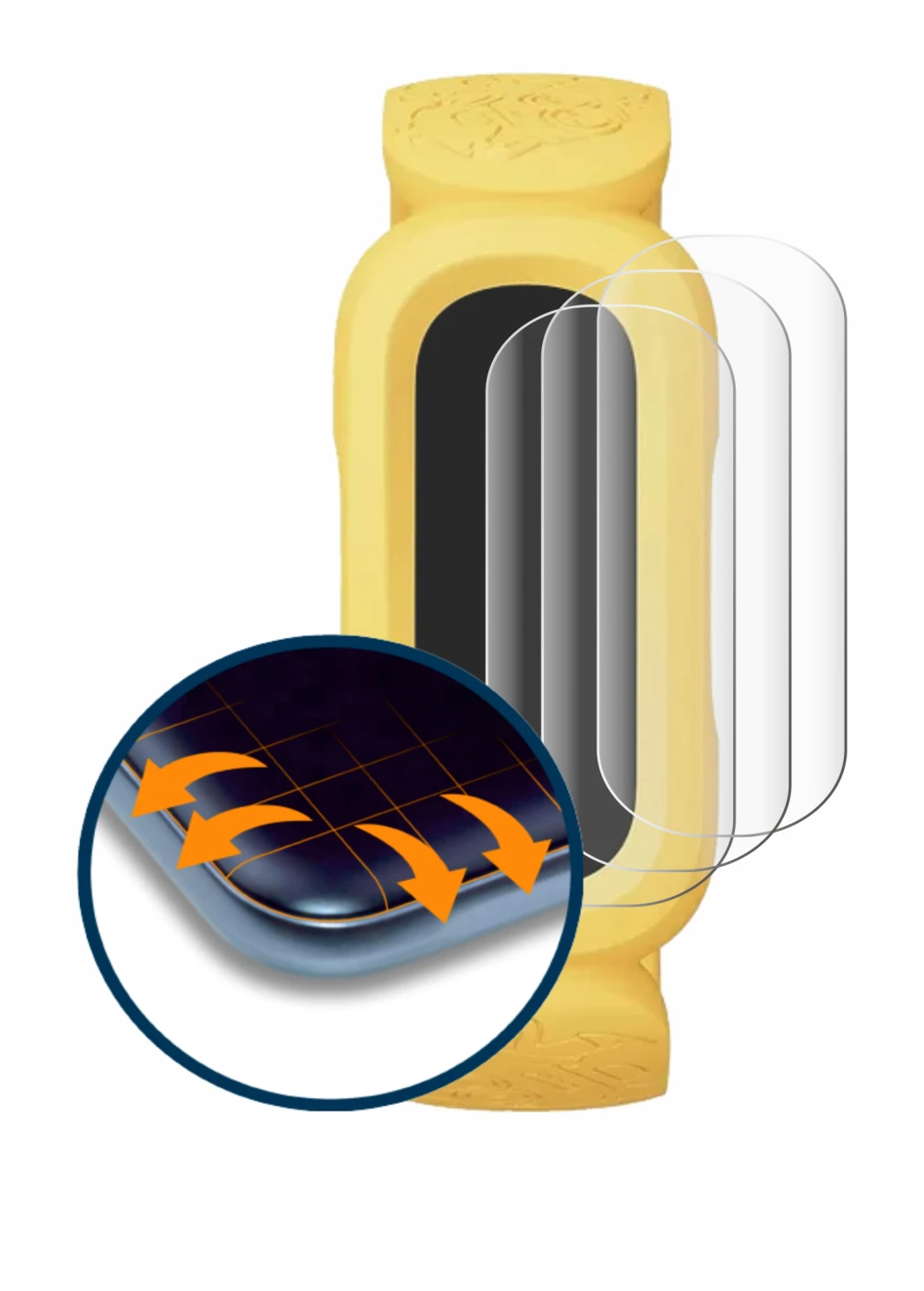 Abbildung des Geräts Fitbit Ace 3 Minions Special Edition mit einer Vielzahl des Displayschutzes.