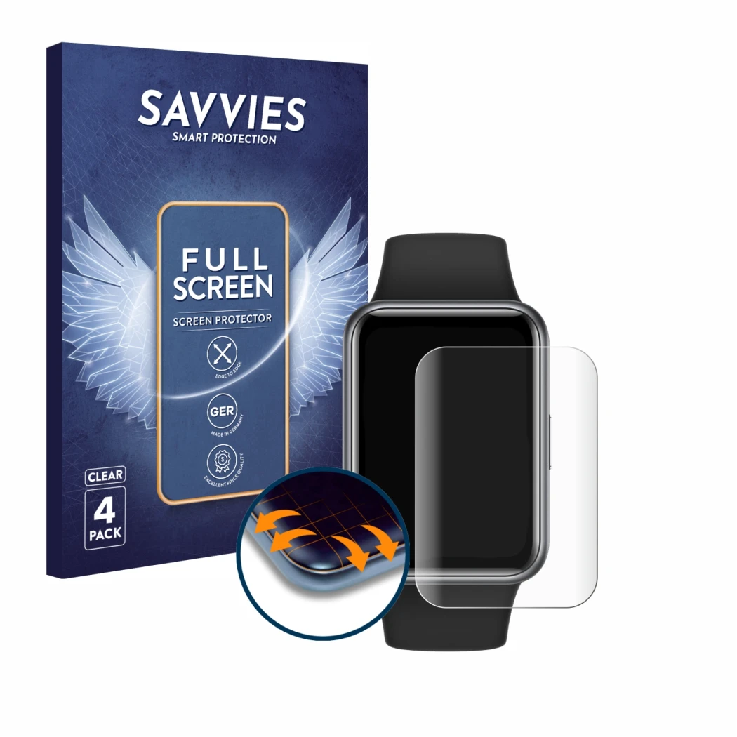 Vorderseite einer Produktverpackung mit dem Markenlogo Savvies. Daneben ist das Gerät Huawei Watch Fit 2 mit dem zugehörigen D