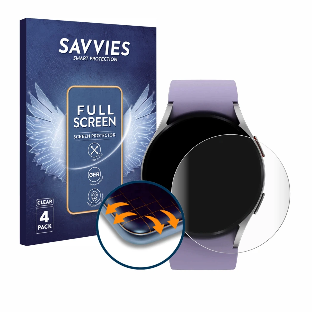 Vorderseite einer Produktverpackung mit dem Markenlogo Savvies. Daneben ist das Gerät Samsung Galaxy Watch 5 (40mm) mit dem zu