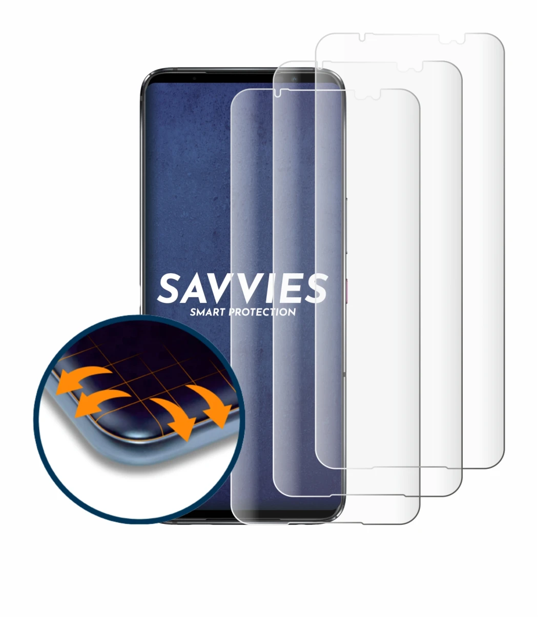 Abbildung des Geräts ASUS ROG Phone 6 mit einer Vielzahl des Displayschutzes.