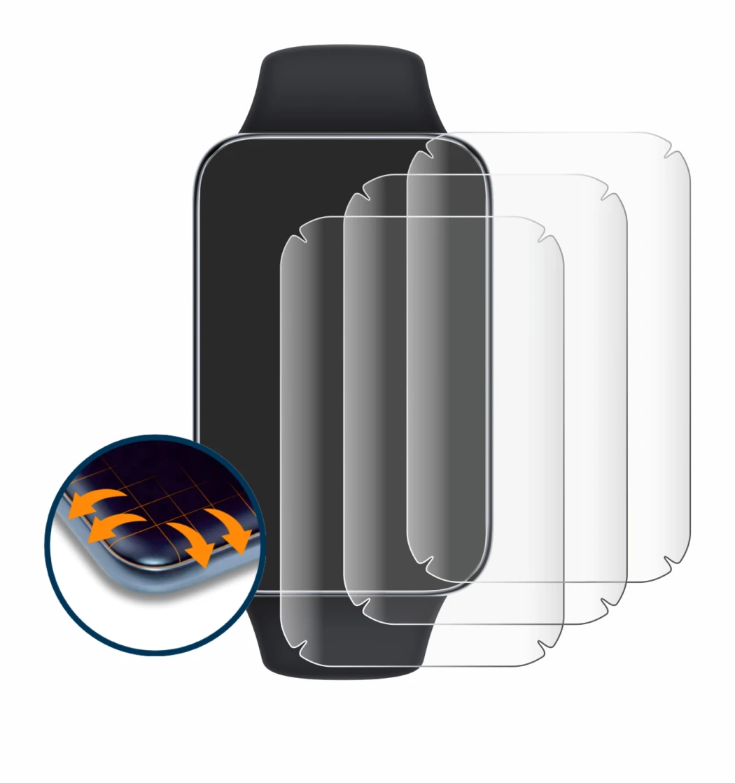 Abbildung des Geräts Xiaomi Smart Band 7 Pro mit einer Vielzahl des Displayschutzes.