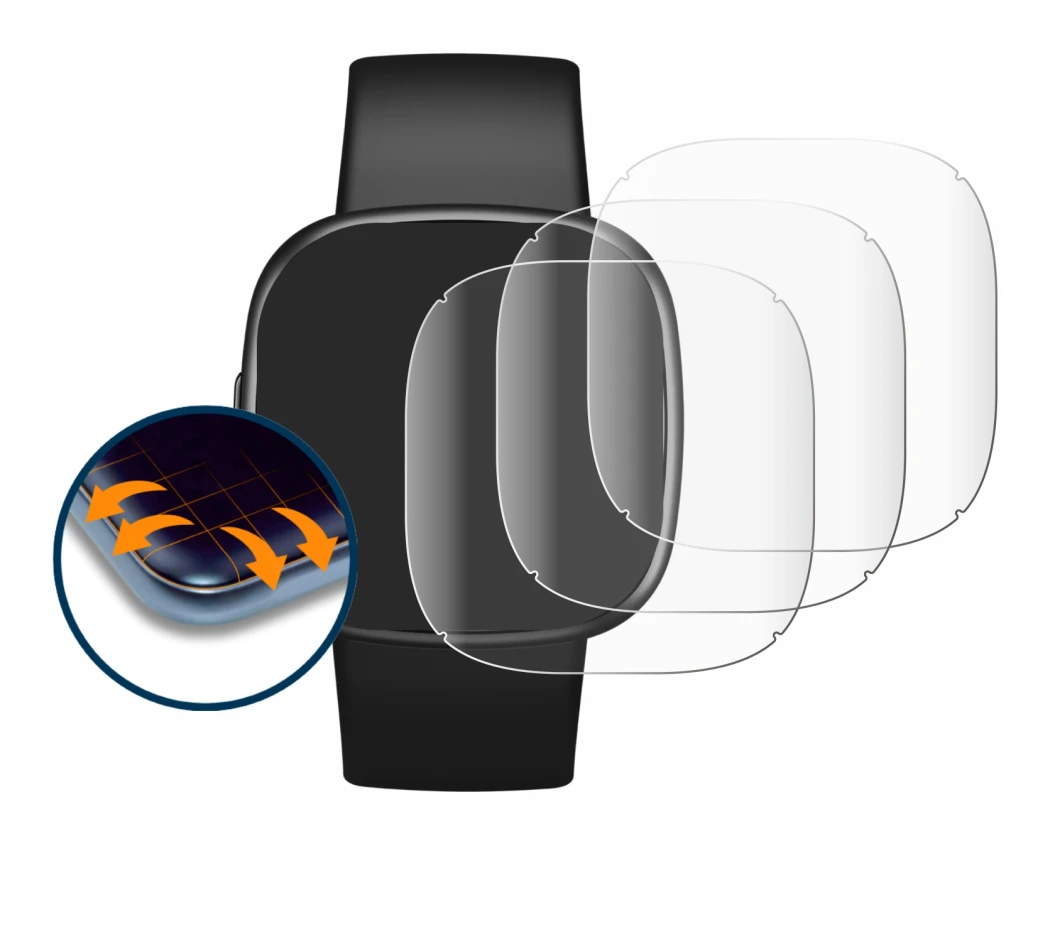 Abbildung des Geräts Fitbit Versa 4 mit einer Vielzahl des Displayschutzes.