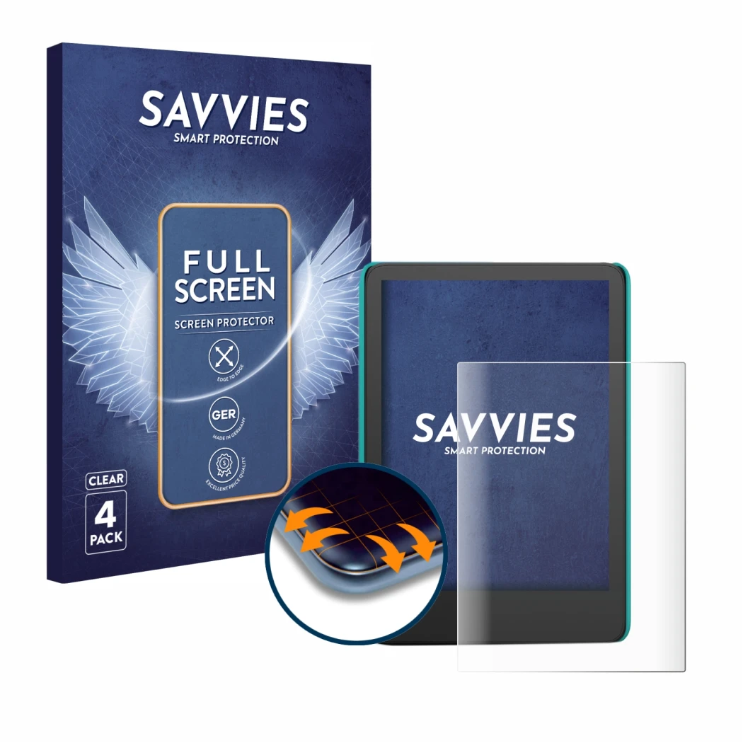 Vorderseite einer Produktverpackung mit dem Markenlogo Savvies. Daneben ist das Gerät Amazon Kindle Kids (2022) mit dem zugehö