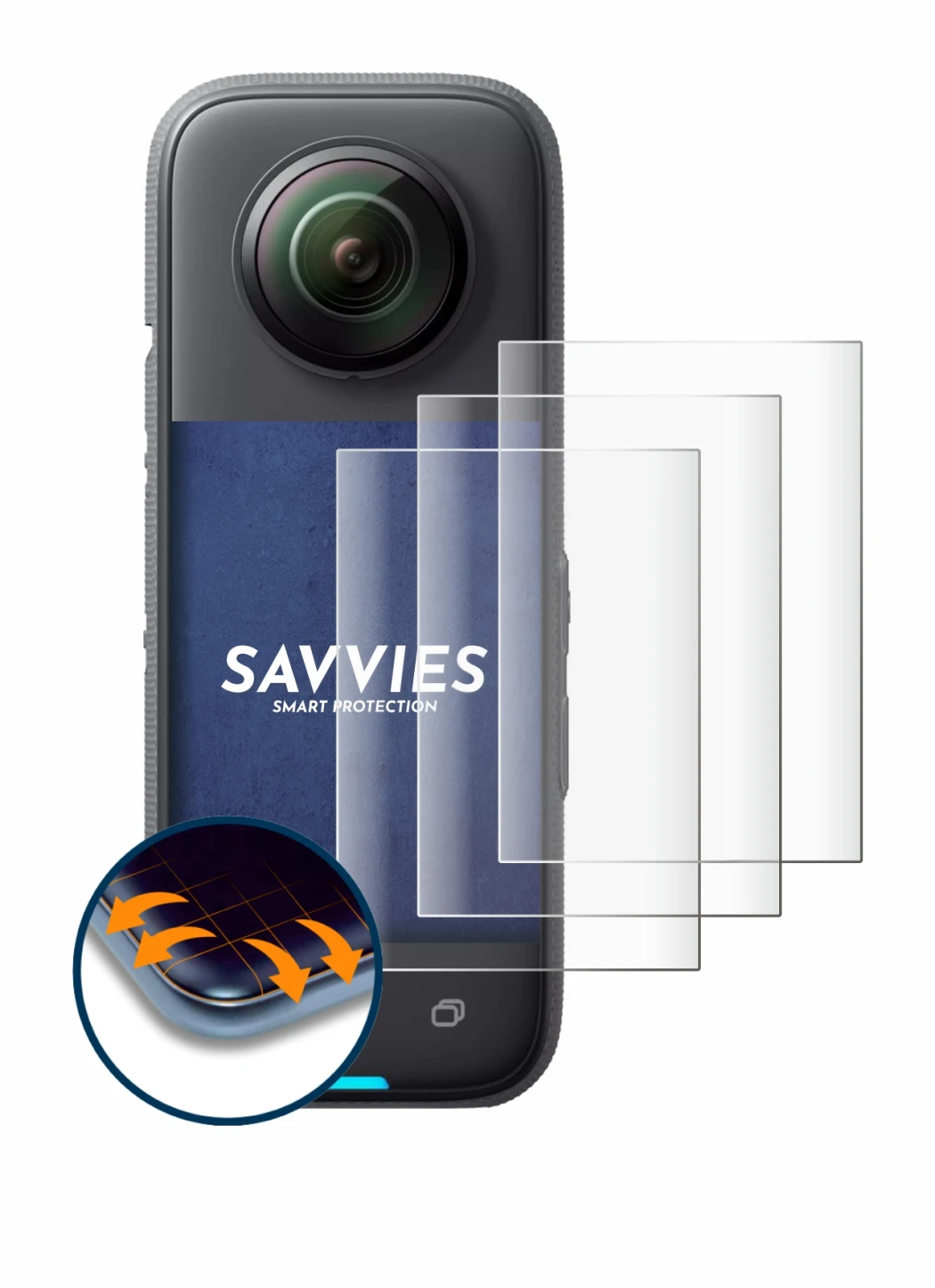 Abbildung des Geräts Insta360 X3 mit einer Vielzahl des Displayschutzes.