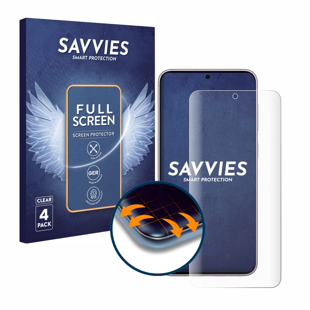 Vorderseite einer Produktverpackung mit dem Markenlogo Savvies. Daneben ist das Gerät Samsung Galaxy S23 mit dem zugehörigen D