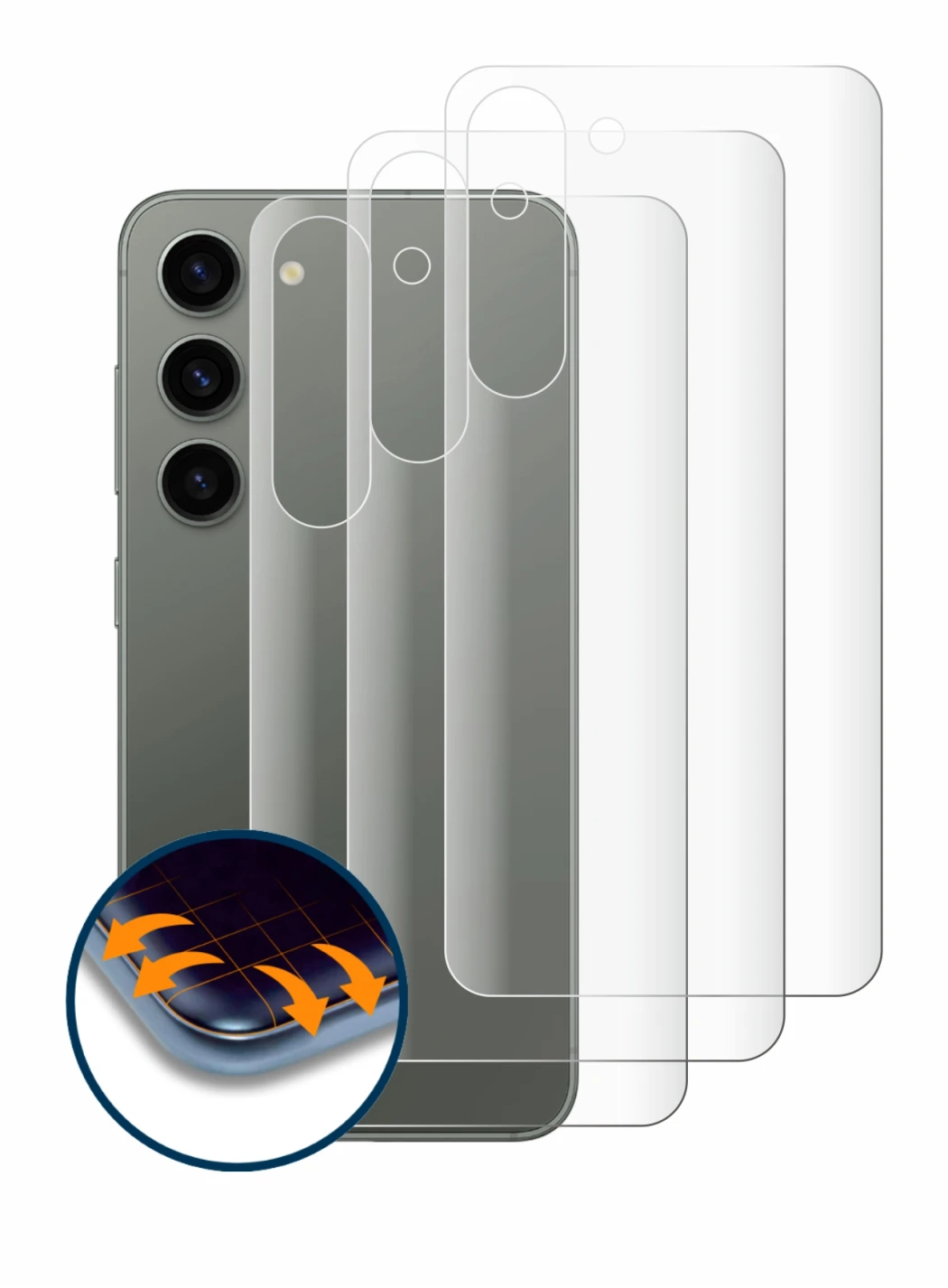 Abbildung des Geräts Samsung Galaxy S23 (Rückseite) mit einer Vielzahl des Displayschutzes.