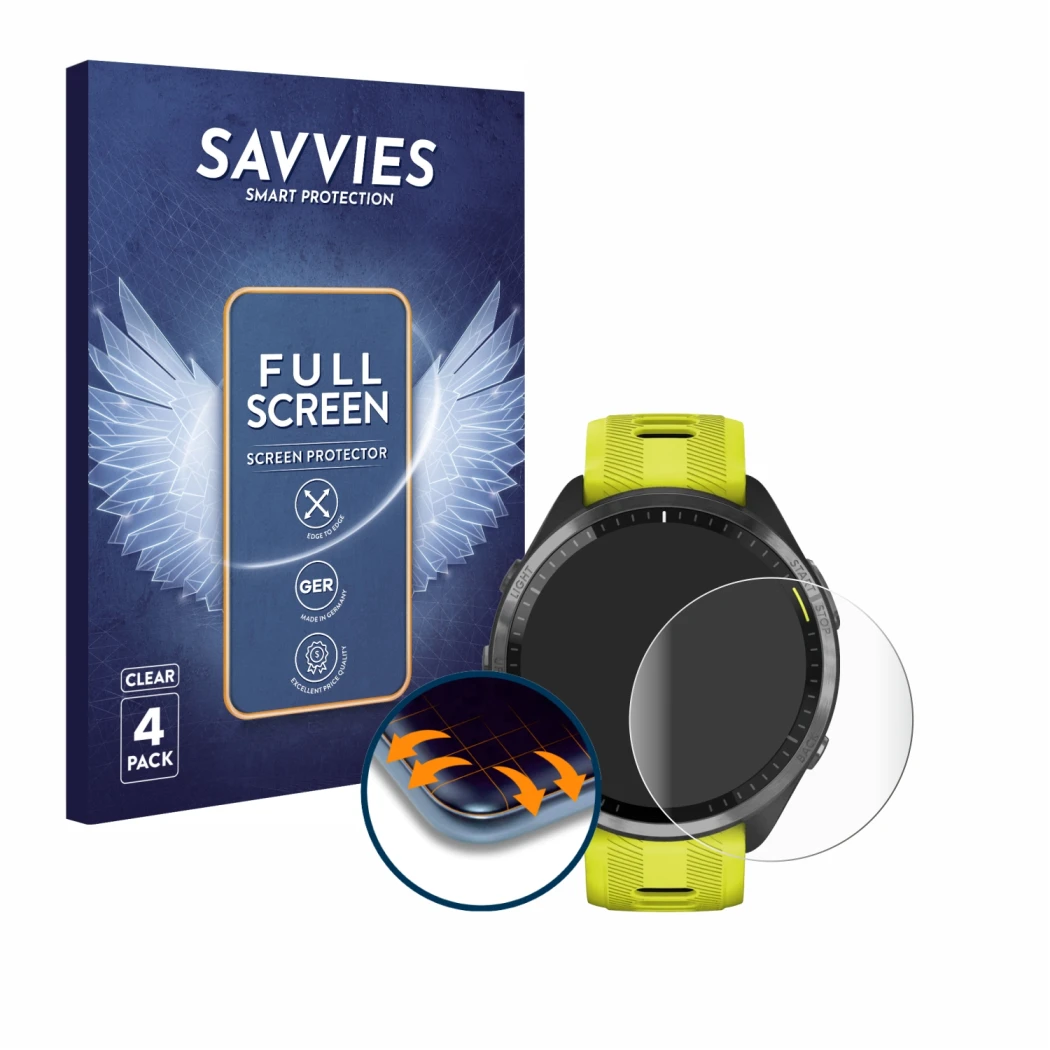 Vorderseite einer Produktverpackung mit dem Markenlogo Savvies. Daneben ist das Gerät Garmin Forerunner 965 mit dem zugehörige