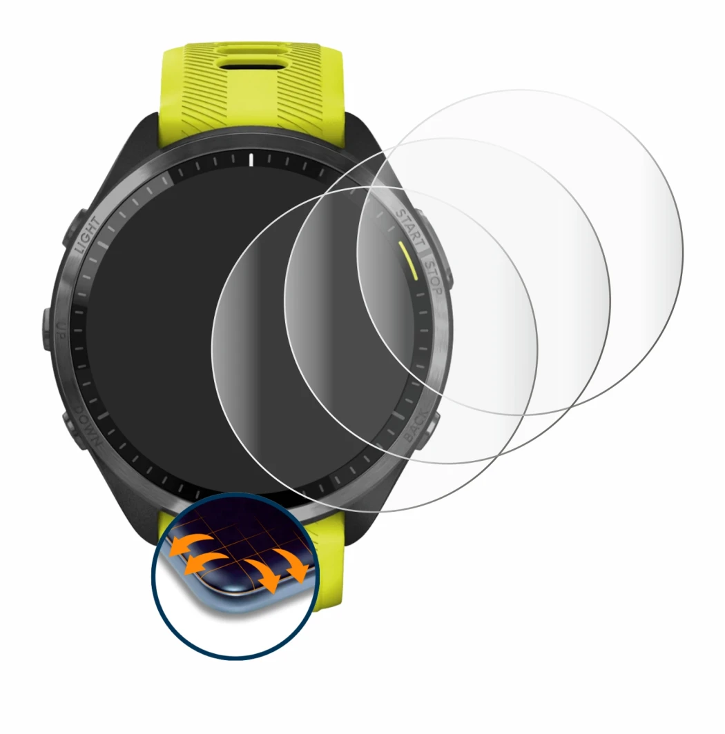 Abbildung des Geräts Garmin Forerunner 965 mit einer Vielzahl des Displayschutzes.