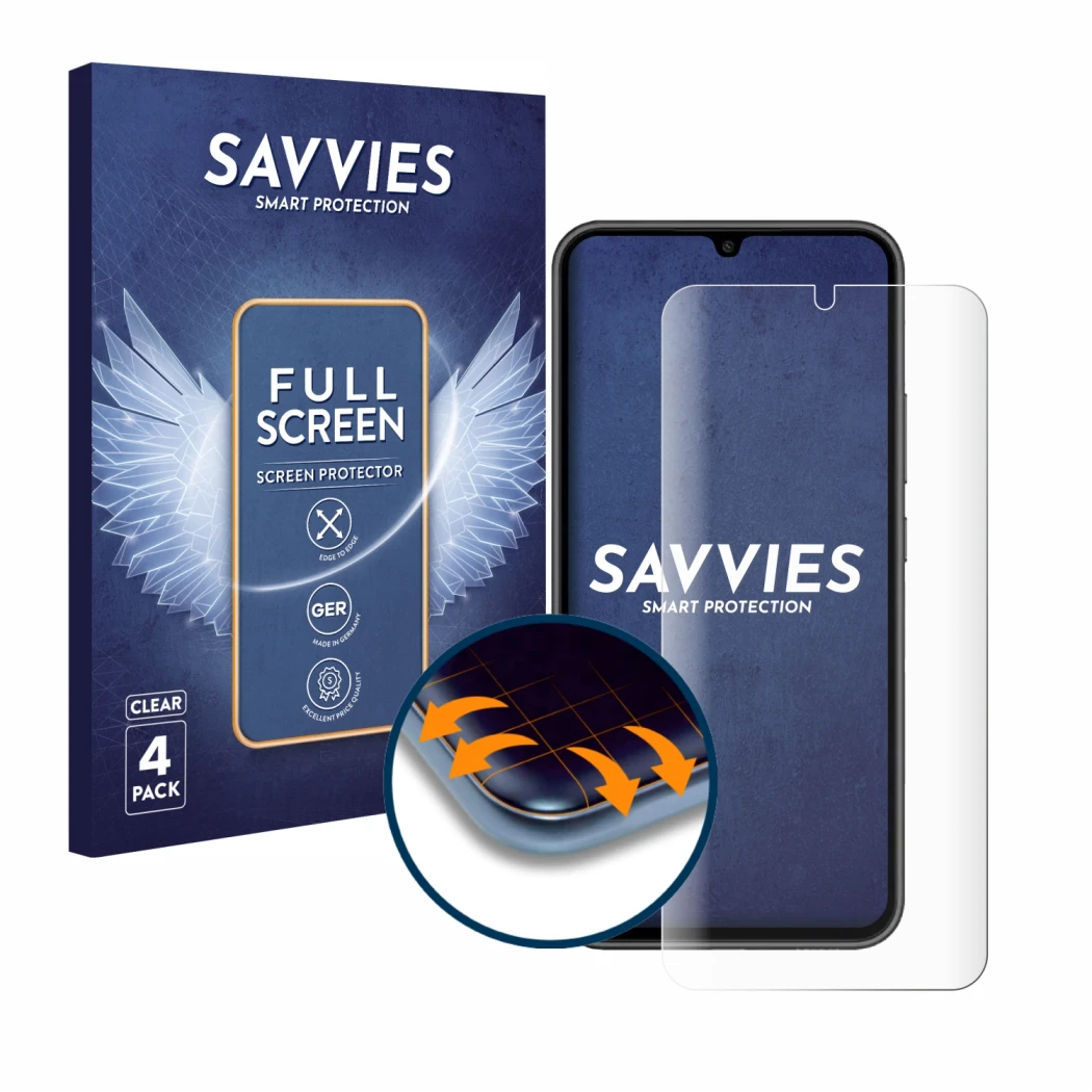 Vorderseite einer Produktverpackung mit dem Markenlogo Savvies. Daneben ist das Gerät Samsung Galaxy A34 5G mit dem zugehörige
