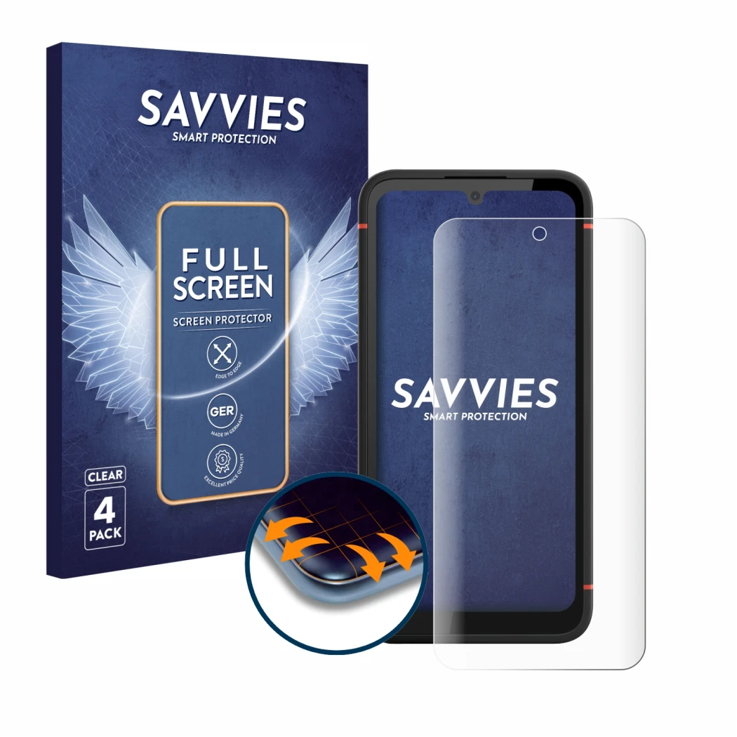 Vorderseite einer Produktverpackung mit dem Markenlogo Savvies. Daneben ist das Gerät Gigaset GX4 mit dem zugehörigen Displays