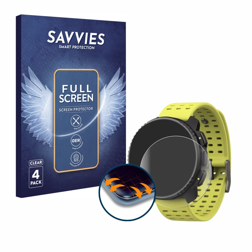 Vorderseite einer Produktverpackung mit dem Markenlogo Savvies. Daneben ist das Gerät Suunto Vertical mit dem zugehörigen Disp